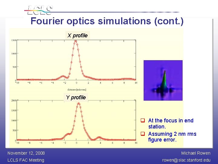 Fourier optics simulations (cont. ) X profile Y profile q At the focus in
