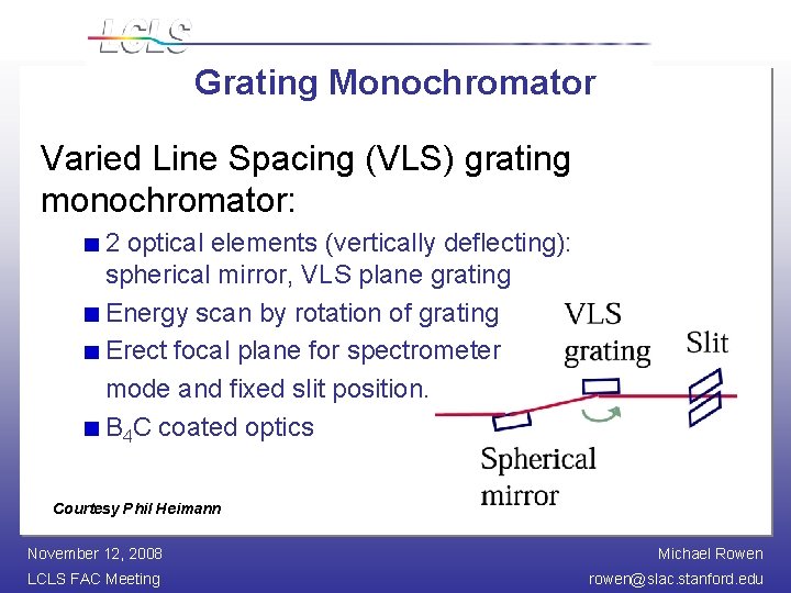 Grating Monochromator Varied Line Spacing (VLS) grating monochromator: 2 optical elements (vertically deflecting): spherical