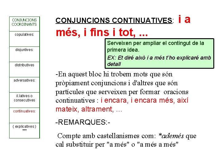 CONJUNCIONS COORDINANTS copulatives: disjuntives: distributives adversatives: il. latives o consecutives continuatives: ( explicatives )