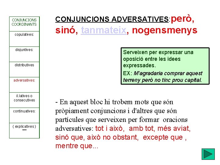 CONJUNCIONS COORDINANTS copulatives: disjuntives: distributives adversatives: il. latives o consecutives continuatives: ( explicatives )
