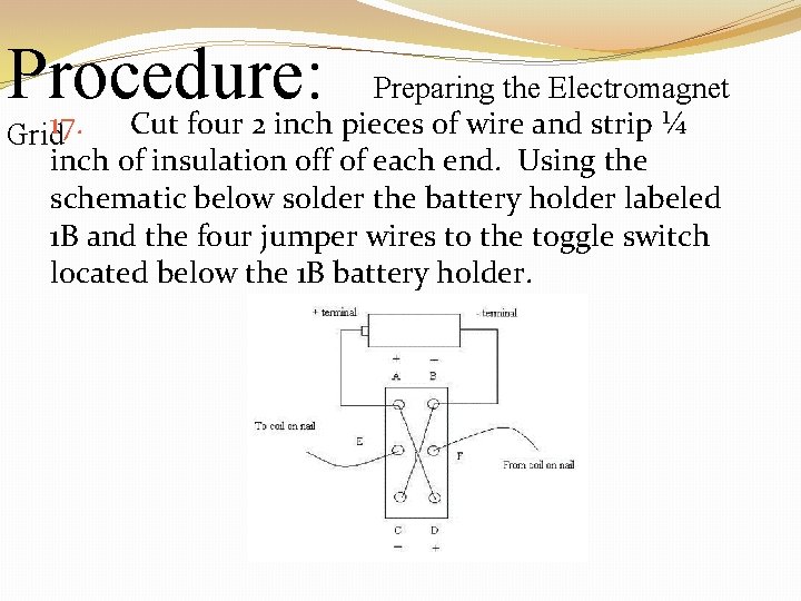 Procedure: Preparing the Electromagnet 17. Cut four 2 inch pieces of wire and strip