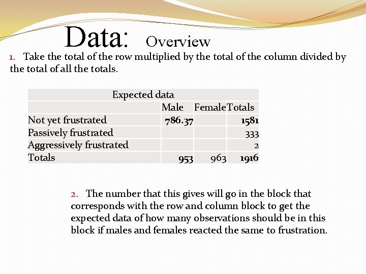 Data: Overview 1. Take the total of the row multiplied by the total of