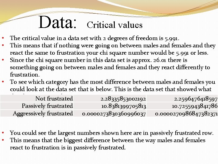 Data: Critical values • The critical value in a data set with 2 degrees