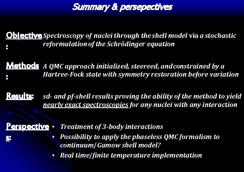 Summary & persepectives Objective Spectroscopy of nuclei through the shell model via a stochastic