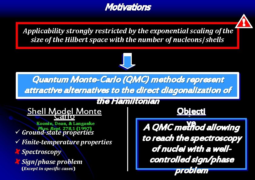 Motivations Applicability strongly restricted by the exponential scaling of the size of the Hilbert