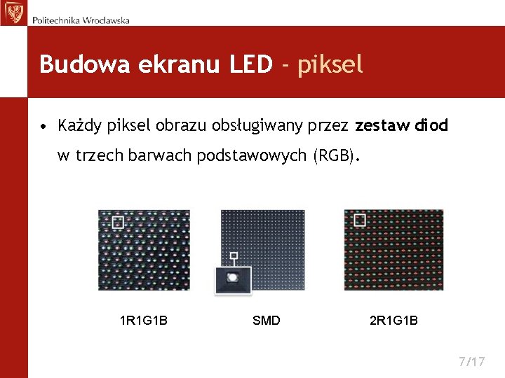 Budowa ekranu LED - piksel • Każdy piksel obrazu obsługiwany przez zestaw diod w