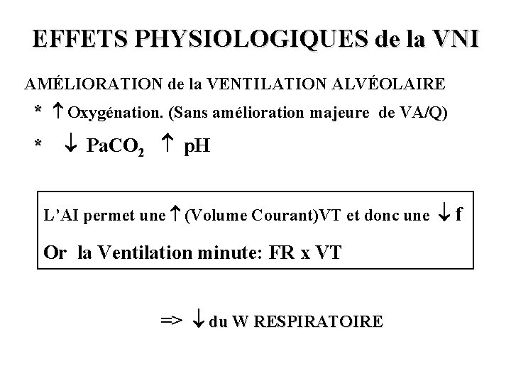 EFFETS PHYSIOLOGIQUES de la VNI AMÉLIORATION de la VENTILATION ALVÉOLAIRE * Oxygénation. (Sans amélioration