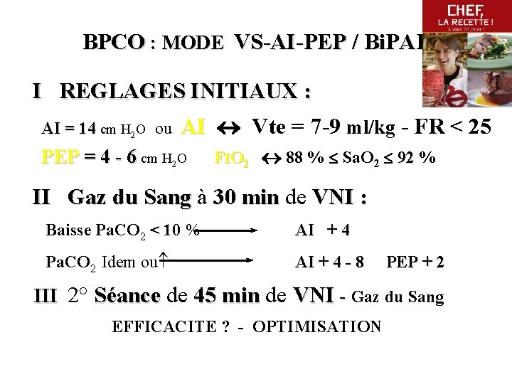 BPCO : MODE VS-AI-PEP / Bi. PAP I REGLAGES INITIAUX : AI = 14