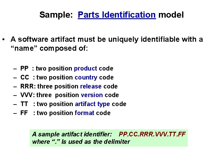 Sample: Parts Identification model • A software artifact must be uniquely identifiable with a