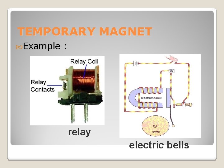 TEMPORARY MAGNET Example : relay electric bells 