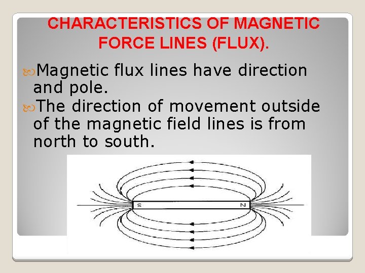 CHARACTERISTICS OF MAGNETIC FORCE LINES (FLUX). Magnetic flux lines have direction and pole. The