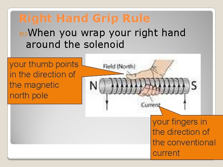 Right Hand Grip Rule When you wrap your right hand around the solenoid your