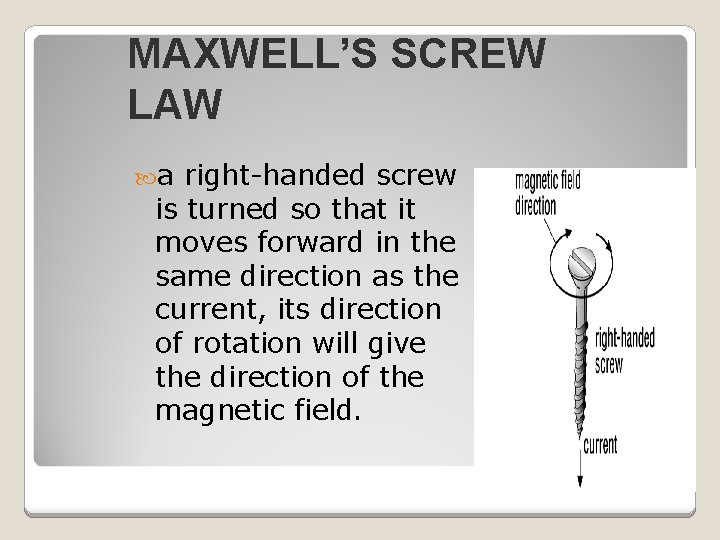 MAXWELL’S SCREW LAW a right-handed screw is turned so that it moves forward in