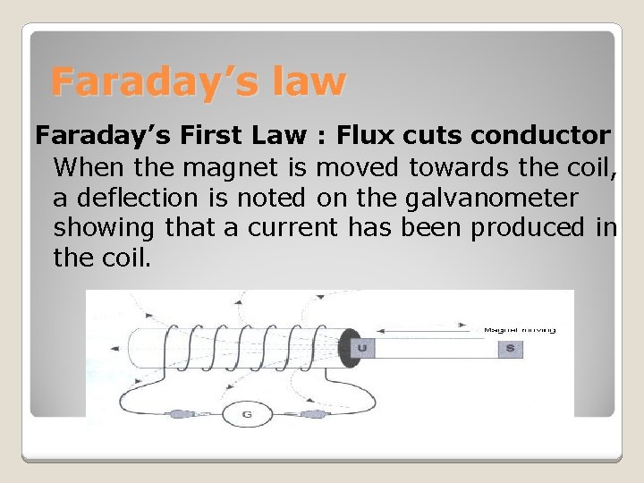 Faraday’s law Faraday’s First Law : Flux cuts conductor When the magnet is moved
