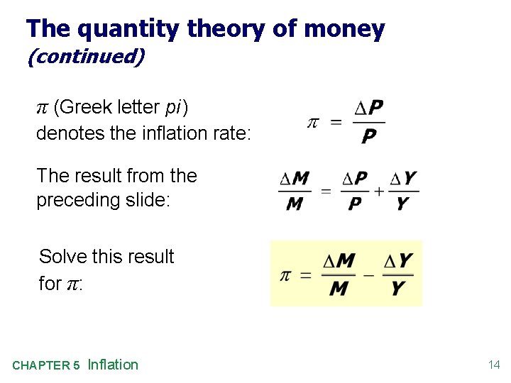The quantity theory of money (continued) π (Greek letter pi ) denotes the inflation