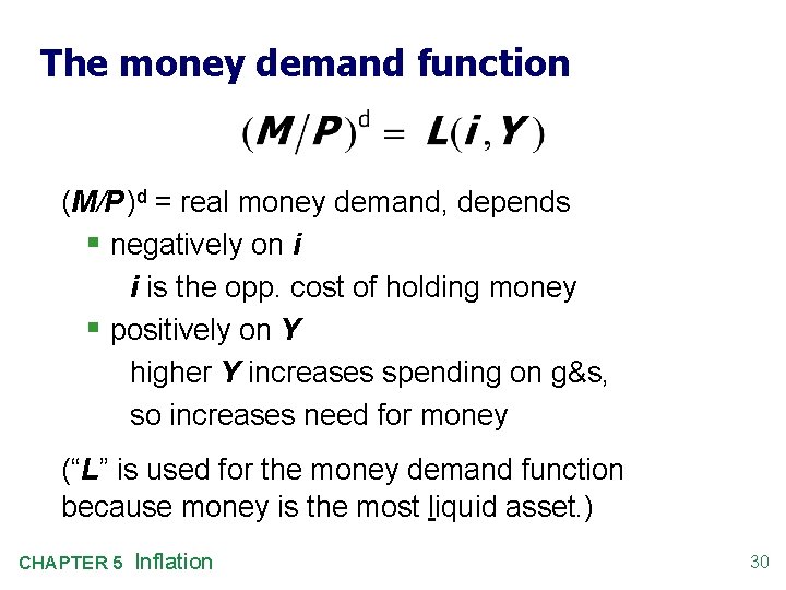 The money demand function (M/P )d = real money demand, depends § negatively on