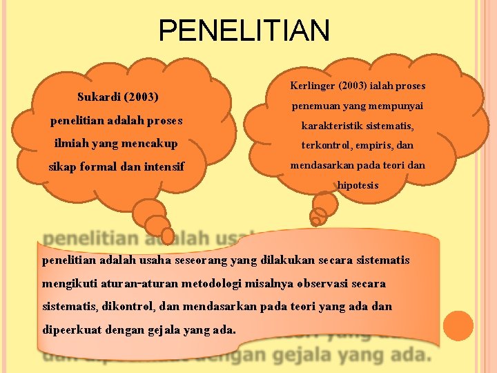 PENELITIAN Sukardi (2003) penelitian adalah proses ilmiah yang mencakup sikap formal dan intensif Kerlinger