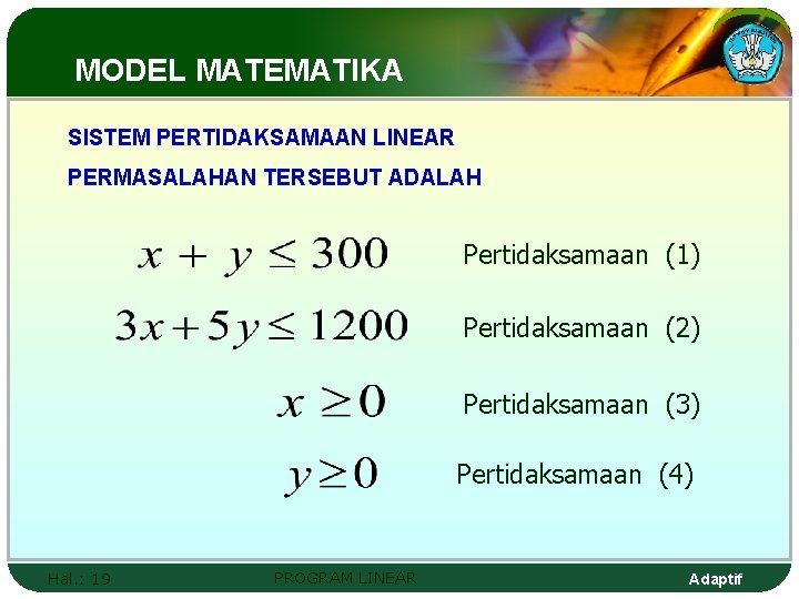 MODEL MATEMATIKA SISTEM PERTIDAKSAMAAN LINEAR PERMASALAHAN TERSEBUT ADALAH Pertidaksamaan (1) Pertidaksamaan (2) Pertidaksamaan (3)