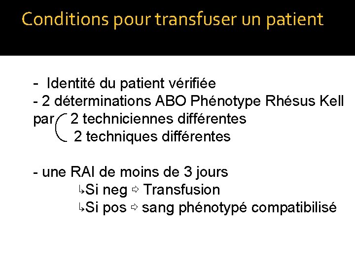 Conditions pour transfuser un patient - Identité du patient vérifiée - 2 déterminations ABO Conditions pour transfuser un patient - Identité du patient vérifiée - 2 déterminations ABO