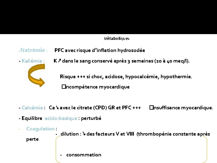 Métaboliques - Natrémie : PFC avec risque d‛inflation hydrosodée - Kaliémie : K ↗ Métaboliques - Natrémie : PFC avec risque d‛inflation hydrosodée - Kaliémie : K ↗