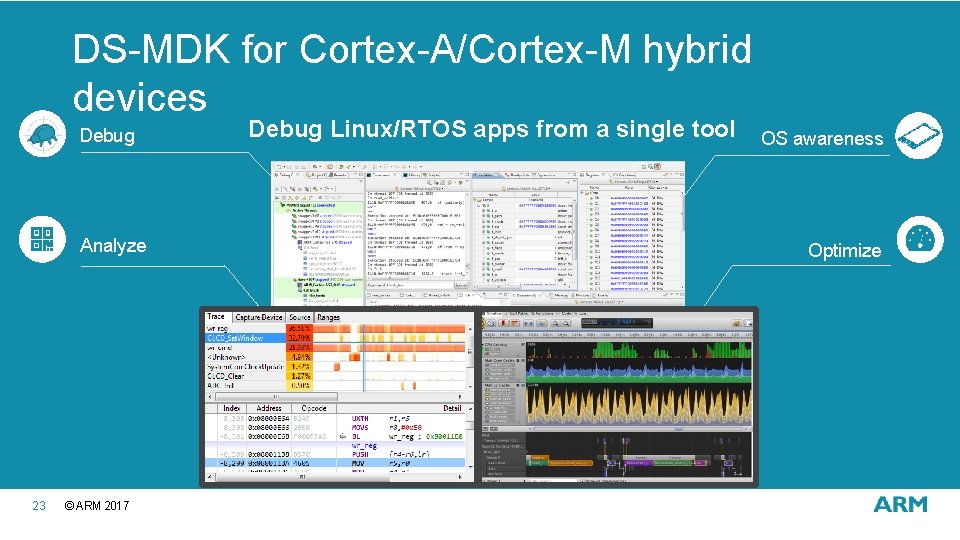 DS-MDK for Cortex-A/Cortex-M hybrid devices Debug Analyze 23 © ARM 2017 Debug Linux/RTOS apps DS-MDK for Cortex-A/Cortex-M hybrid devices Debug Analyze 23 © ARM 2017 Debug Linux/RTOS apps