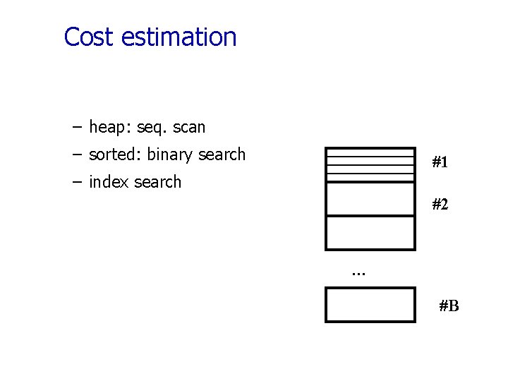 Cost estimation – heap: seq. scan – sorted: binary search #1 – index search