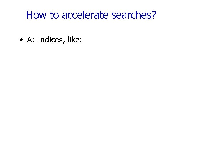 How to accelerate searches? • A: Indices, like: 