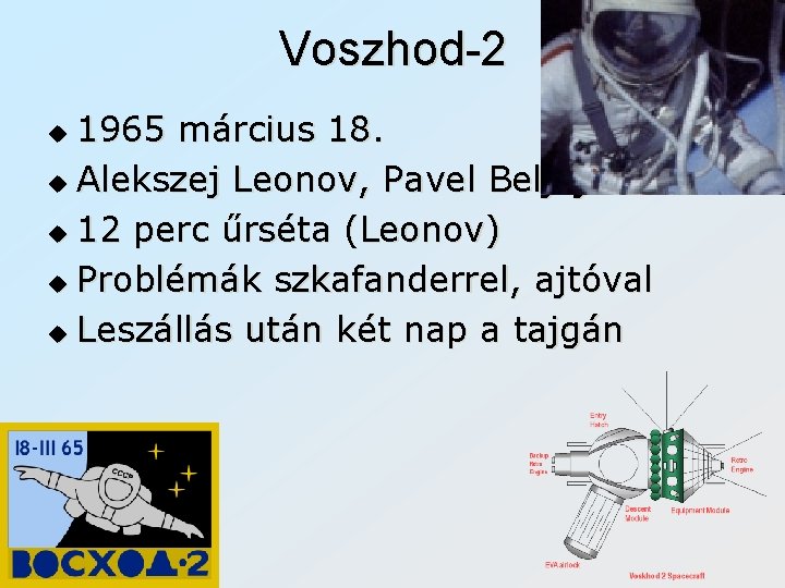 Voszhod-2 1965 március 18. u Alekszej Leonov, Pavel Beljajev u 12 perc űrséta (Leonov)