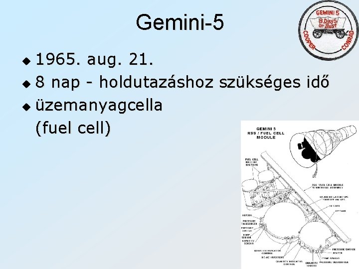 Gemini-5 1965. aug. 21. u 8 nap - holdutazáshoz szükséges idő u üzemanyagcella (fuel