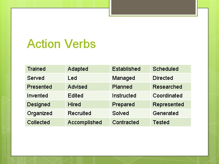 Action Verbs Trained Adapted Established Scheduled Served Led Managed Directed Presented Advised Planned Researched