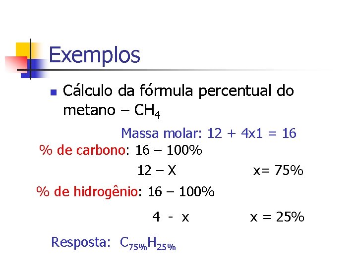 Exemplos n Cálculo da fórmula percentual do metano – CH 4 Massa molar: 12 Exemplos n Cálculo da fórmula percentual do metano – CH 4 Massa molar: 12