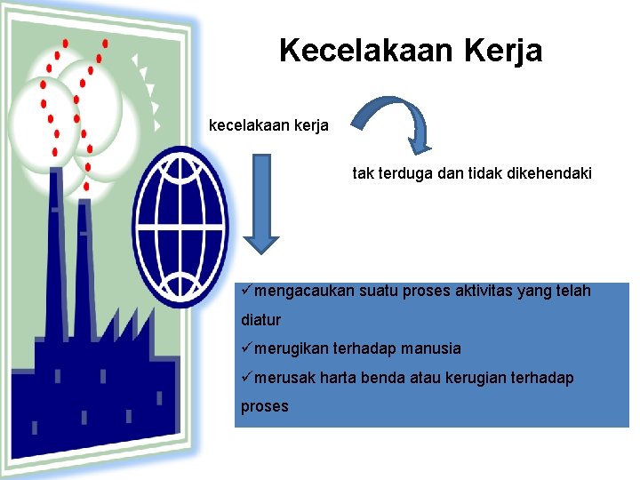 Kecelakaan Kerja kecelakaan kerja tak terduga dan tidak dikehendaki ümengacaukan suatu proses aktivitas yang