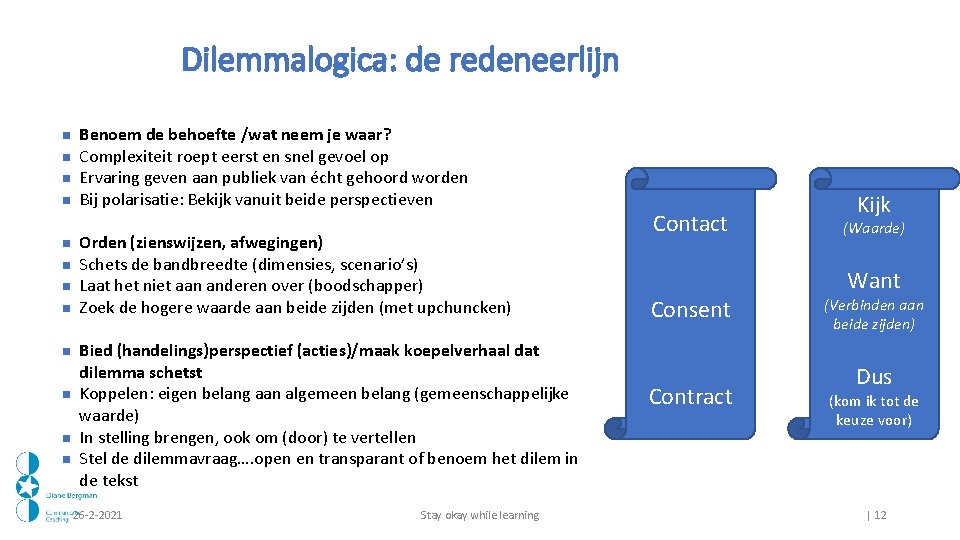 Dilemmalogica: de redeneerlijn Benoem de behoefte /wat neem je waar? Complexiteit roept eerst en