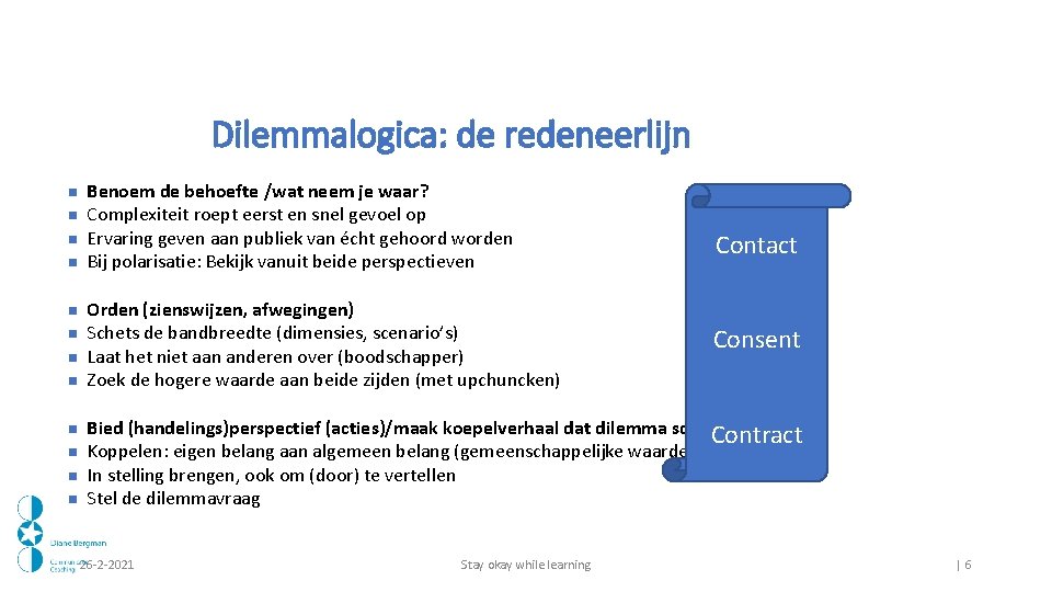 Dilemmalogica: de redeneerlijn Benoem de behoefte /wat neem je waar? Complexiteit roept eerst en