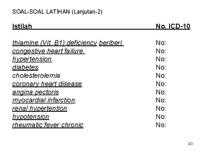 SOAL-SOAL LATIHAN (Lanjutan-2) Istilah No. ICD-10 thiamine (Vit. B 1) deficiency beri congestive heart