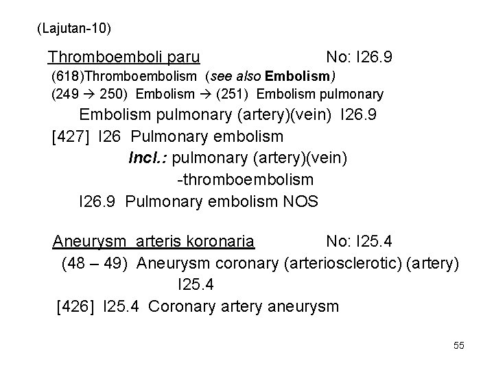 (Lajutan-10) Thromboemboli paru No: I 26. 9 (618)Thromboembolism (see also Embolism) (249 250) Embolism