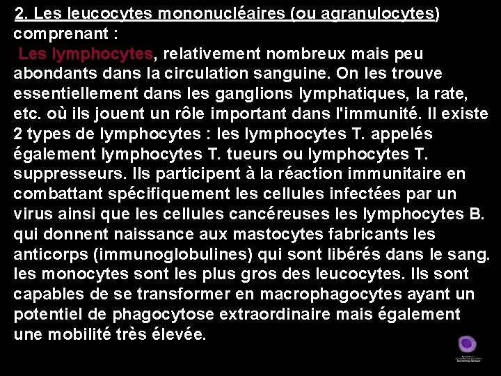 2. Les leucocytes mononucléaires (ou agranulocytes) comprenant : Les lymphocytes, relativement nombreux mais peu