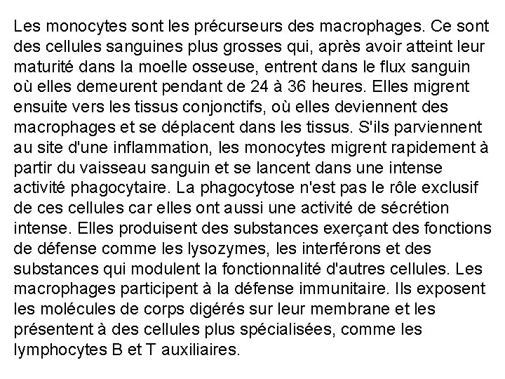 Les monocytes sont les précurseurs des macrophages. Ce sont des cellules sanguines plus grosses