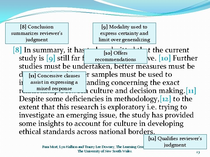 [8] Conclusion summarizes reviewer’s ……. judgment [9] Modality used to express certainty and limit