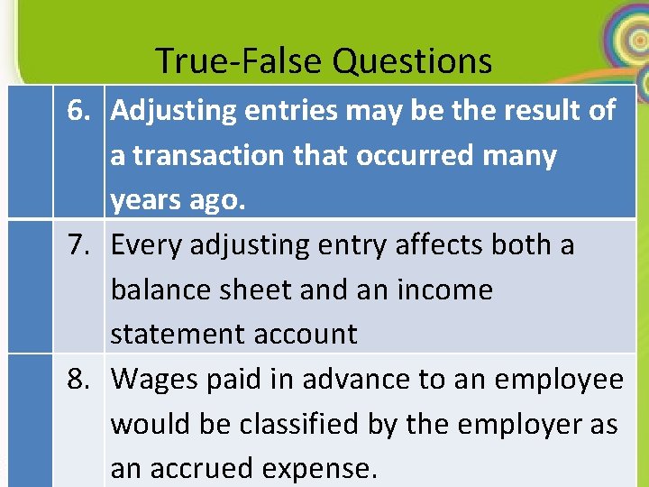 True-False Questions 6. Adjusting entries may be the result of a transaction that occurred