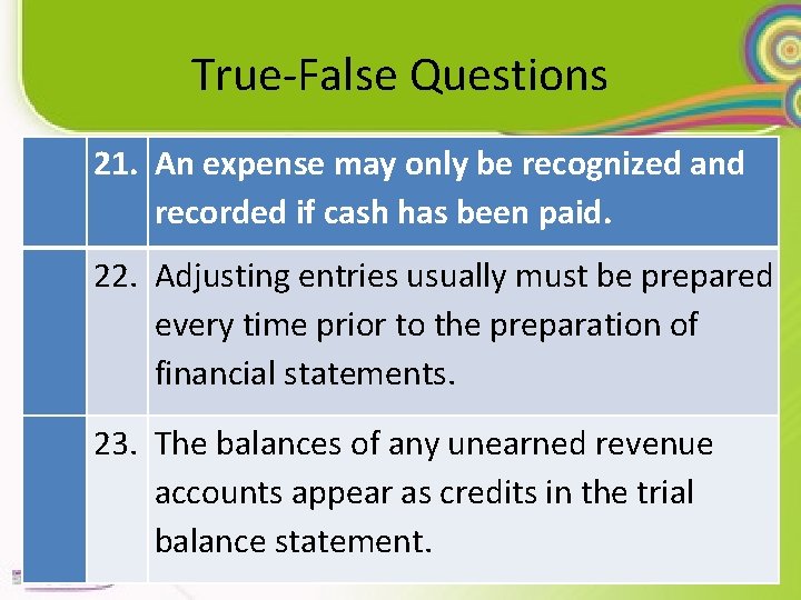 True-False Questions 21. An expense may only be recognized and recorded if cash has