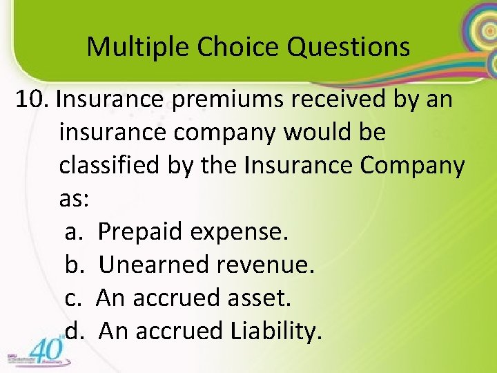 Multiple Choice Questions 10. Insurance premiums received by an insurance company would be classified