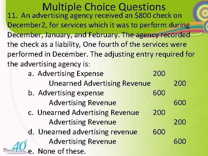Multiple Choice Questions 11. An advertising agency received an $800 check on December 2,