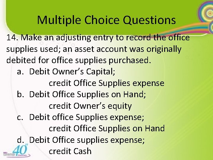 Multiple Choice Questions 14. Make an adjusting entry to record the office supplies used;