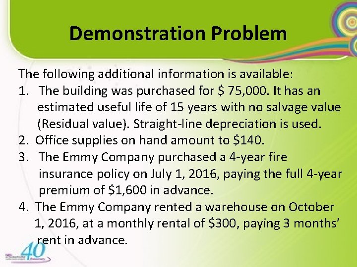 Demonstration Problem The following additional information is available: 1. The building was purchased for