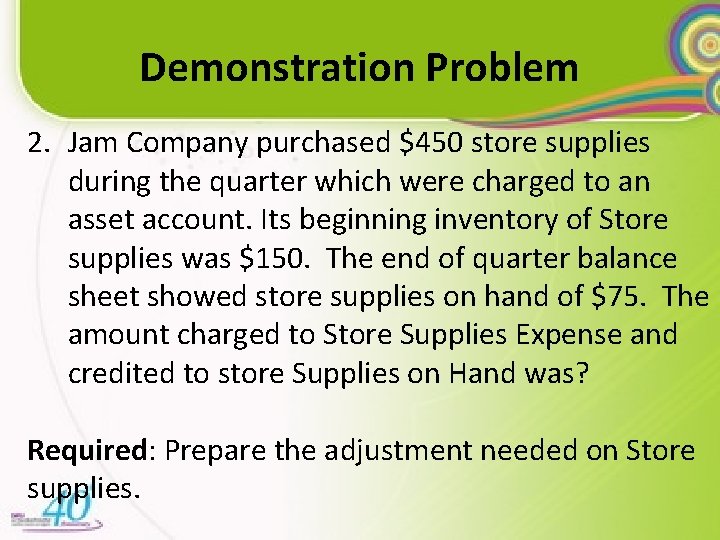 Demonstration Problem 2. Jam Company purchased $450 store supplies during the quarter which were