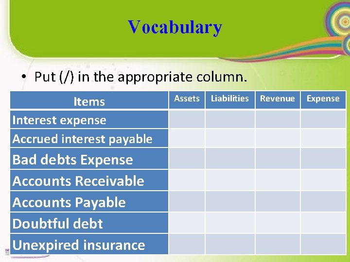 Vocabulary • Put (/) in the appropriate column. Assets Items Interest expense Accrued interest