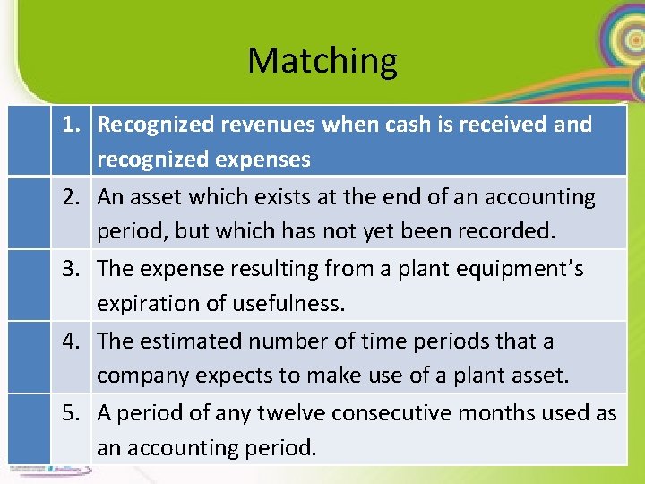 Matching 1. Recognized revenues when cash is received and recognized expenses 2. An asset