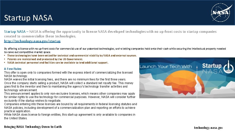 Startup NASA – NASA is offering the opportunity to license NASA developed technologies with