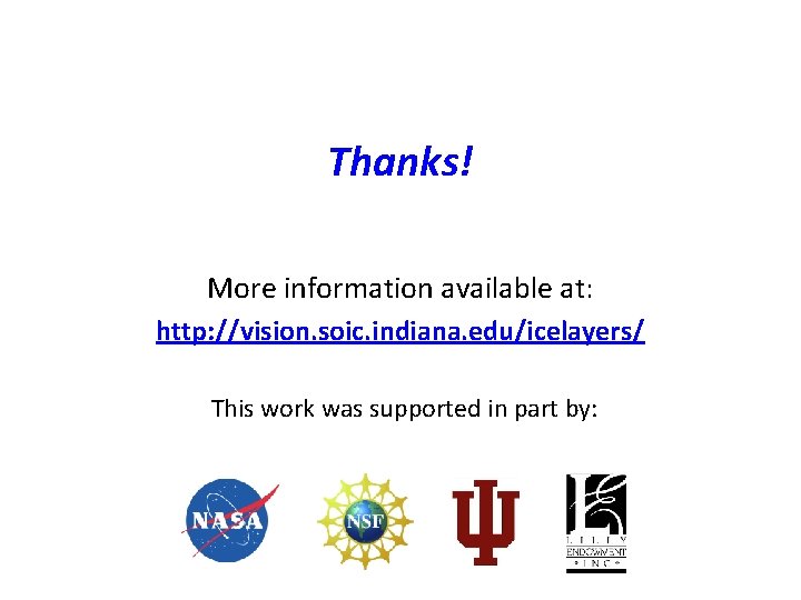 Thanks! More information available at: http: //vision. soic. indiana. edu/icelayers/ This work was supported